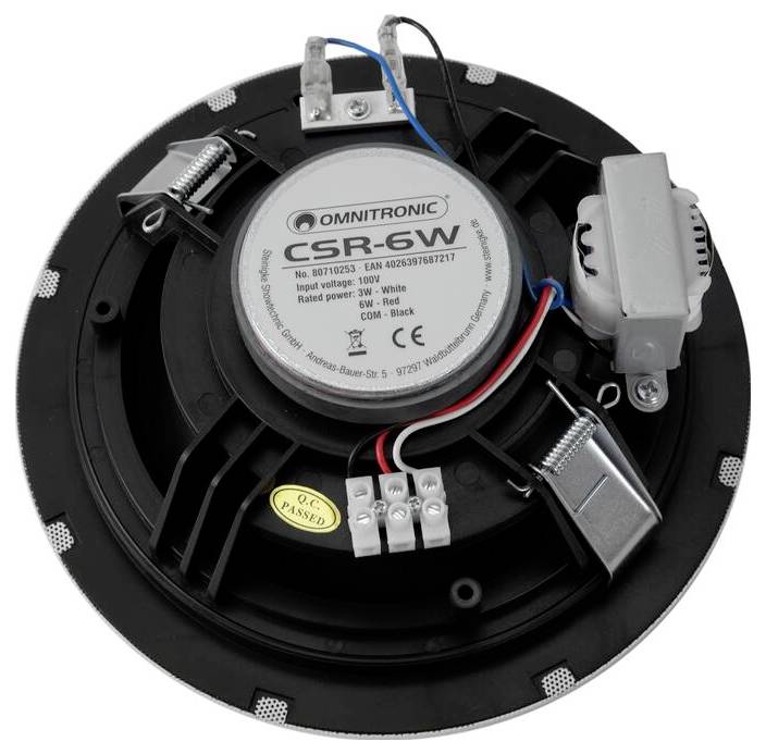 Ein schwarzer Omnitronic CSR-6W Deckensprecherlautsprecher, der rückwärtige Anschlüsse, Drähte und Komponenten zeigt, mit einem Etikett, das Modell und Spezifikationen angibt.