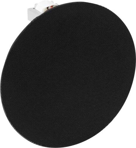 Runder schwarzer Deckenlautsprecher mit Gitternetzabdeckung, konzipiert für Unterputzmontage, zeigt eine Anschllussklemme an der Seite.