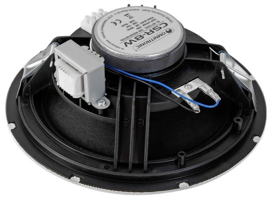 Ein runder Deckenleuchtsprecher von hinten betrachtet, mit Verdrahtungsverbindungen und einem Etikett mit Spezifikationen.