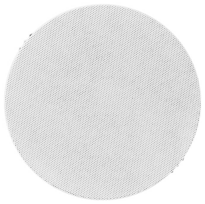 Ein kreisförmiger weißer Lautsprechergrill mit feinen Perforationen, von vorne betrachtet, vorgesehen für die Decken- oder Wandmontage in Audiosystemen.
