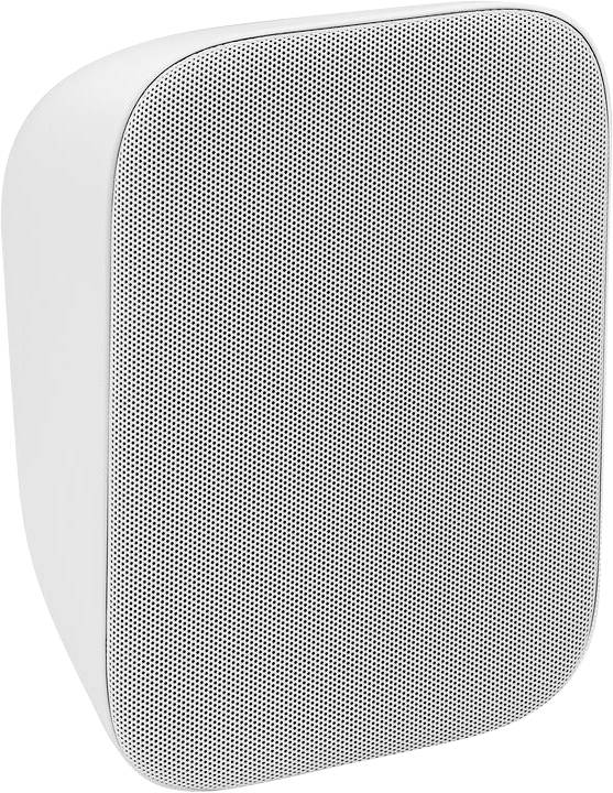 Ein eleganter, weißer kabelloses Lautsprecher mit abgerundeter Kante, mit einem feinen Meshnetz an der Vorderseite zur Schallausbreitung. Er steht aufrecht.