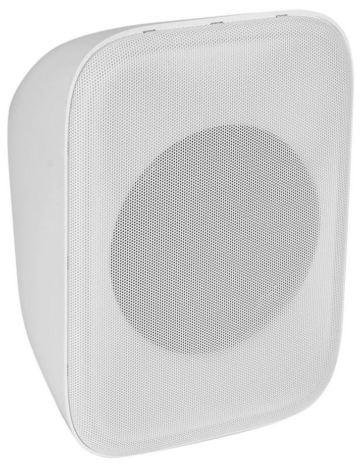 Ein weißer, rechteckiger wandmontierter Lautsprecher mit Frontgitter und abgerundeten Ecken, konzipiert für die Audioausgabe in Innenräumen.