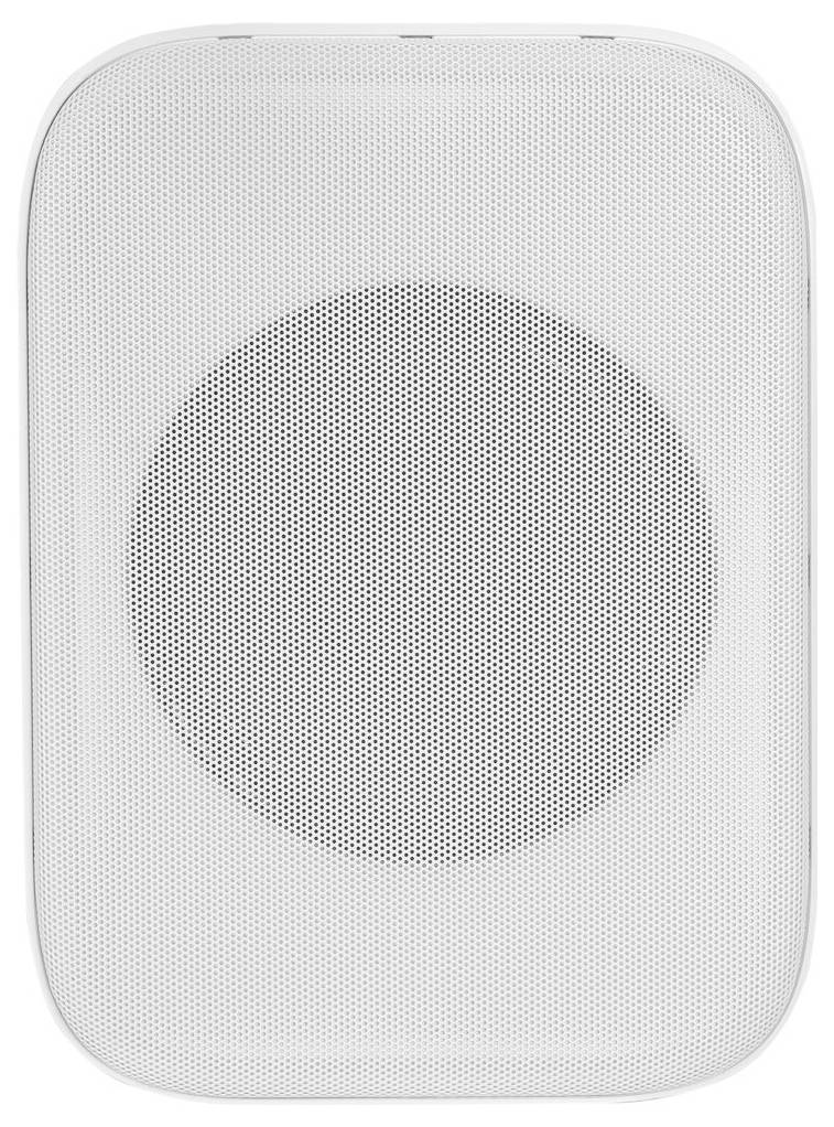 Ein weißer, rechteckiger intelligenter Lautsprecher mit Mesh-Front, mit minimalisti­schem Design für die Audionutzung im Innenbereich des Hauses.