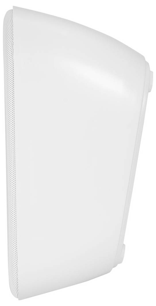 Weißer Satellitenboxenlautsprecher mit gewölbter Frontseite und Metallgitter, ausgelegt zur Wandmontage.