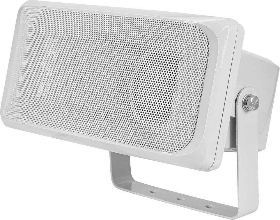 Ein rechteckiger Außenlautsprecher mit weißem Gitter, montiert auf einer Halterung zur verstellbaren Positionierung.