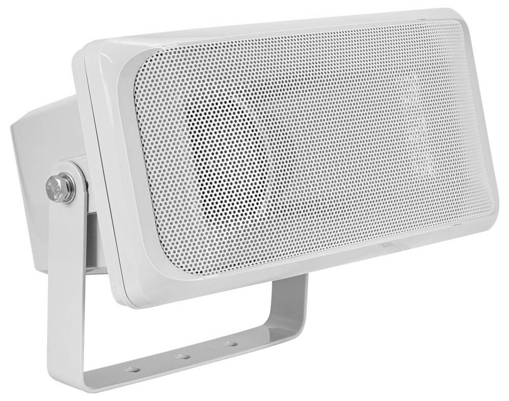 Weiße, an der Wand montierte Außenlautsprecherin mit rechteckiger Form und Gitterfront, entworfen für wetterfeste Soundprojektion.