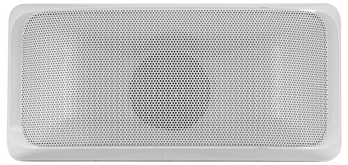Rechteckiger, weißer Lautsprecher mit einem perforierten Metallgitter an der Vorderseite.