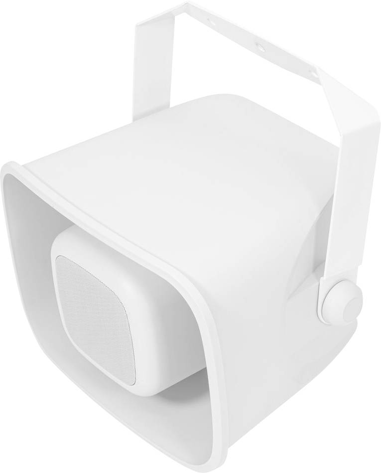 Ein weißer, wandmontierter, kommerzieller Lautsprecher mit Schutzgitter und verstellbarer Halterung, entwickelt für den Innen- oder Außeneinsatz.