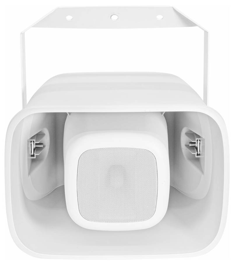 Ein weißer an der Wand montierter Lautsprecher mit quadratischem Frontgitter und verstellbarer Halterung, konzipiert für Außen- oder Innen-Beschallungsanlagen.