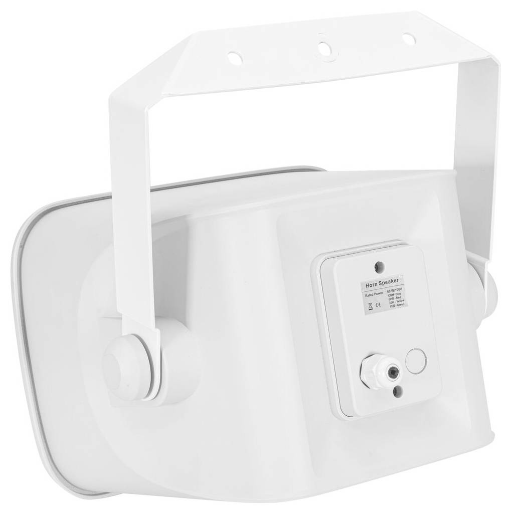 Weiße Outdoor-Lautsprecher mit verstellbarer Halterung. Die Rückseite zeigt Anschlussanschlüsse und das Herstellungsetikett.