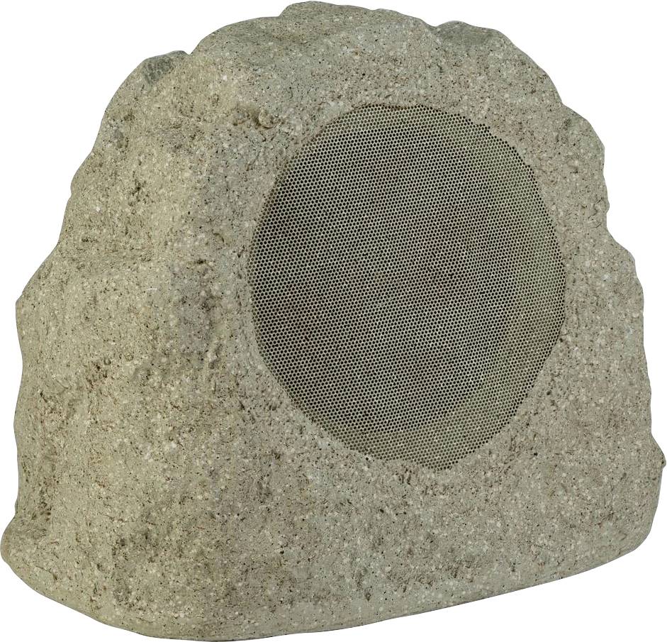 Ein felsförmiger Außenlautsprecher mit strukturierter, natürlicher Oberfläche. Der Lautsprechergrill ist sichtbar und verbindet Ästhetik mit Funktionalität.