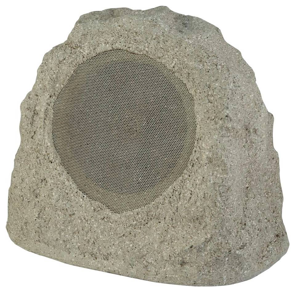 Ein felsförmiger Outdoor-Lautsprecher, der sich nahtlos in die natürliche Umgebung einfügt und ein Maschengewebe-Gitter an der Vorderseite aufweist.
