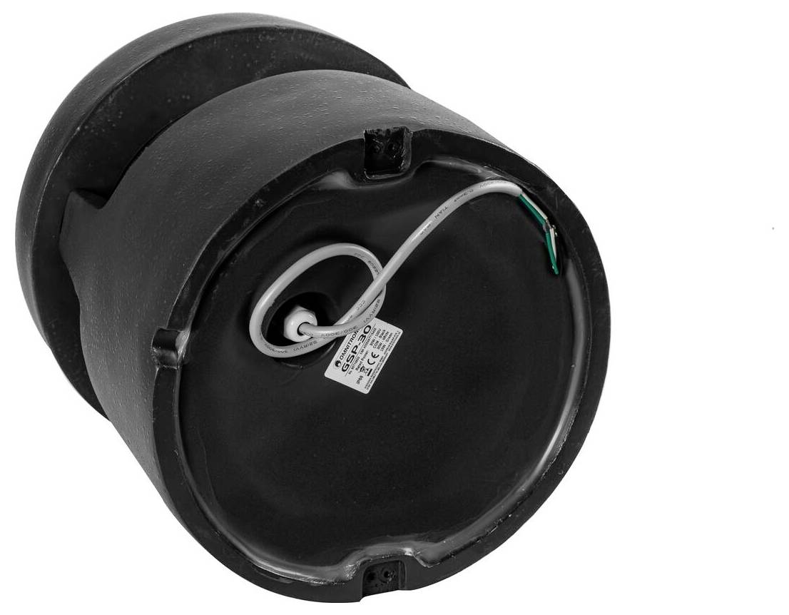 Eine schwarze zylindrische Basis mit einem Kabel und einem Etikett, die auf der Unterseite angebracht sind und Verbindungs- oder Einrichtungsdetails anzeigen.