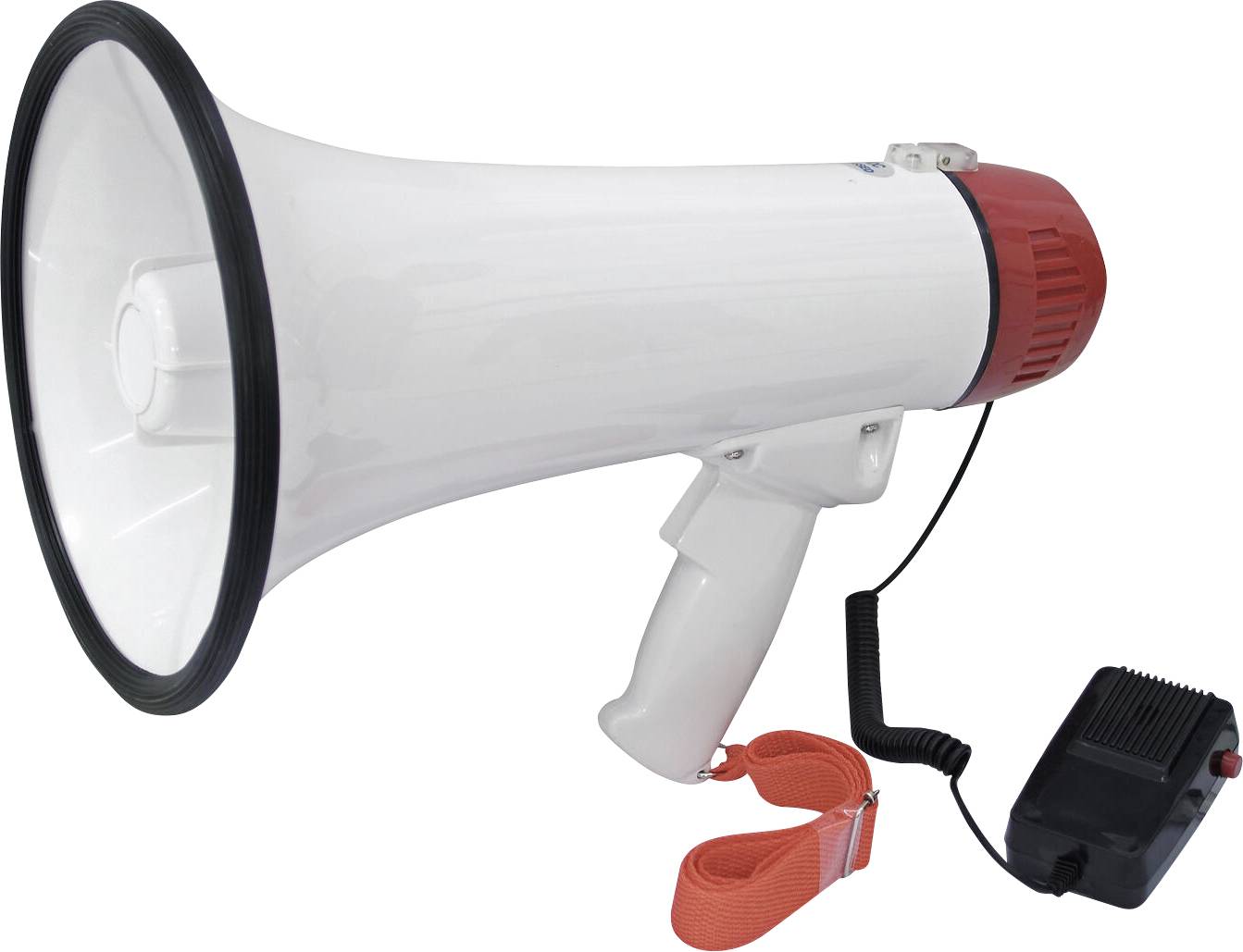 Ein weiß-rotes Megafon mit schwarzem Lautsprecher, orangem Riemen und angeschlossener Kontrolleinheit.