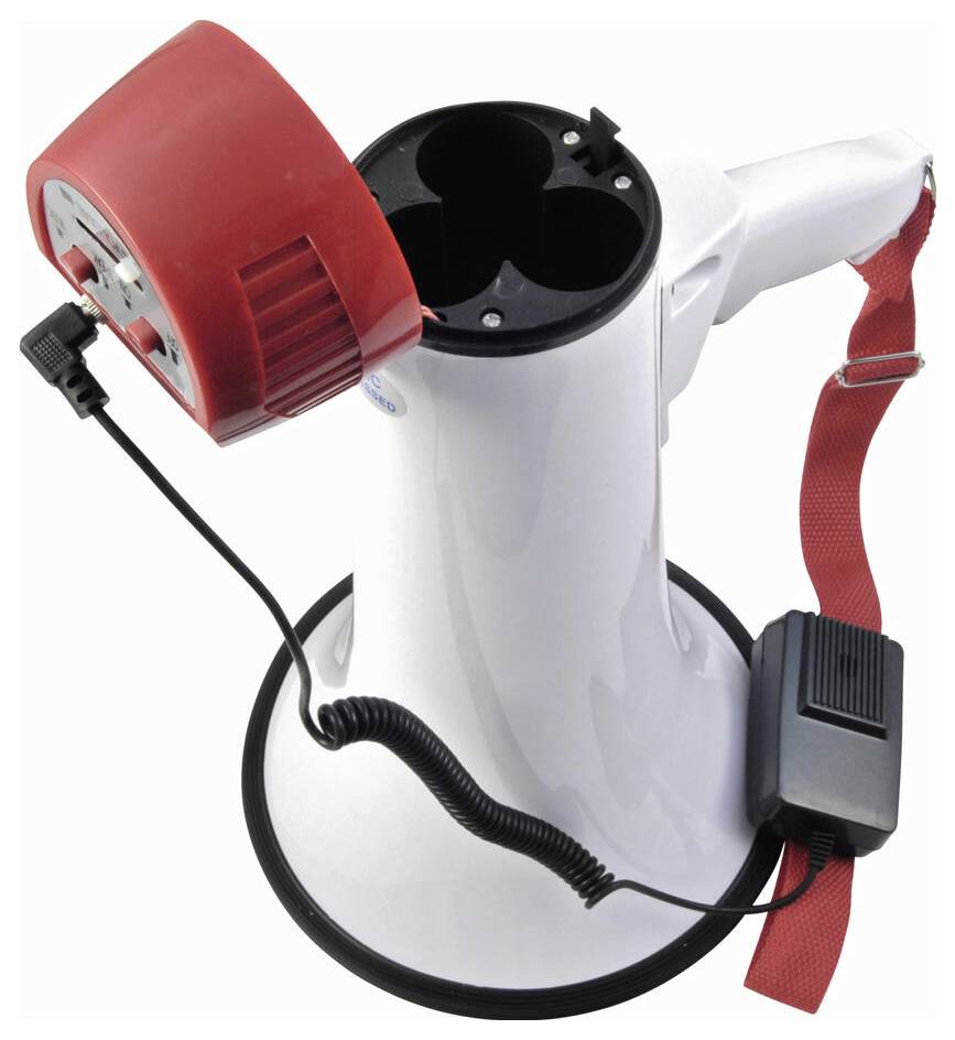 Ein weißes Megaphon mit roter Kappe, schwarzem Griff, abnehmbarem Spiralkabel und rotem Schultergurt, von oben betrachtet.