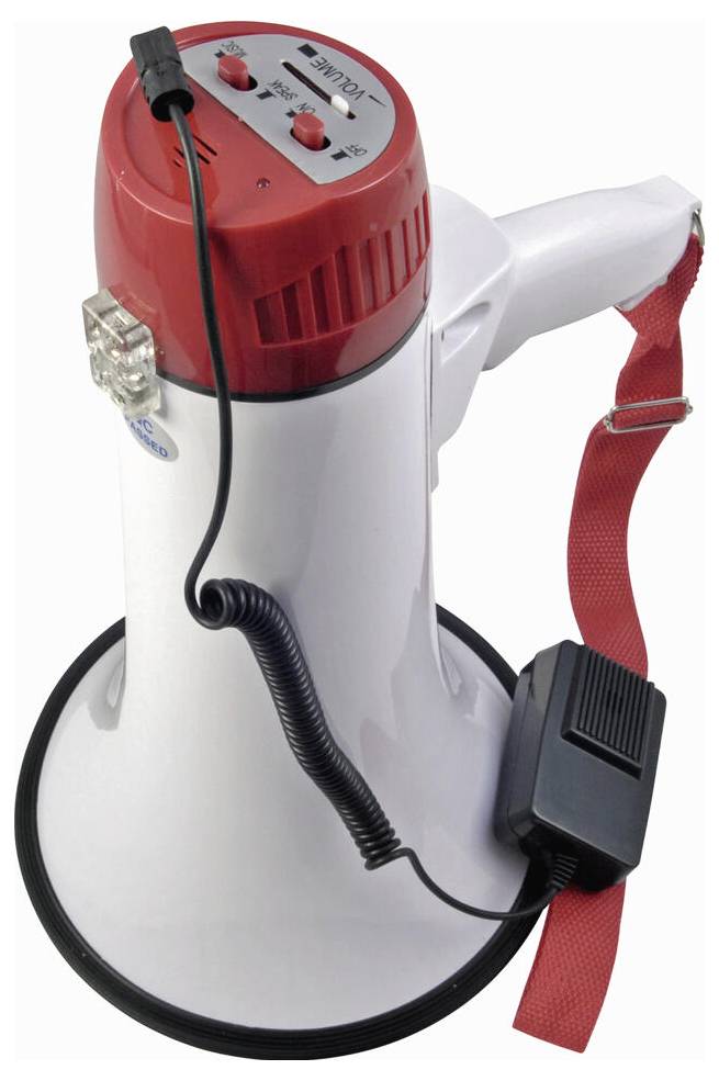 Ein Megafon mit rotem Griff, schwarzem Kabel und Schultergurt, ausgestattet mit Lautstärke- und Tonreglern oben.