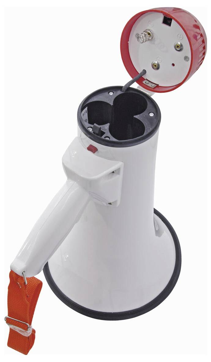 Ein weißes Megaphon mit einem orangefarbenen Riemen und einem offenen Deckel, der Batteriefächer enthüllt. Der Fokus liegt auf der Draufsicht, die innere Komponenten zeigt.