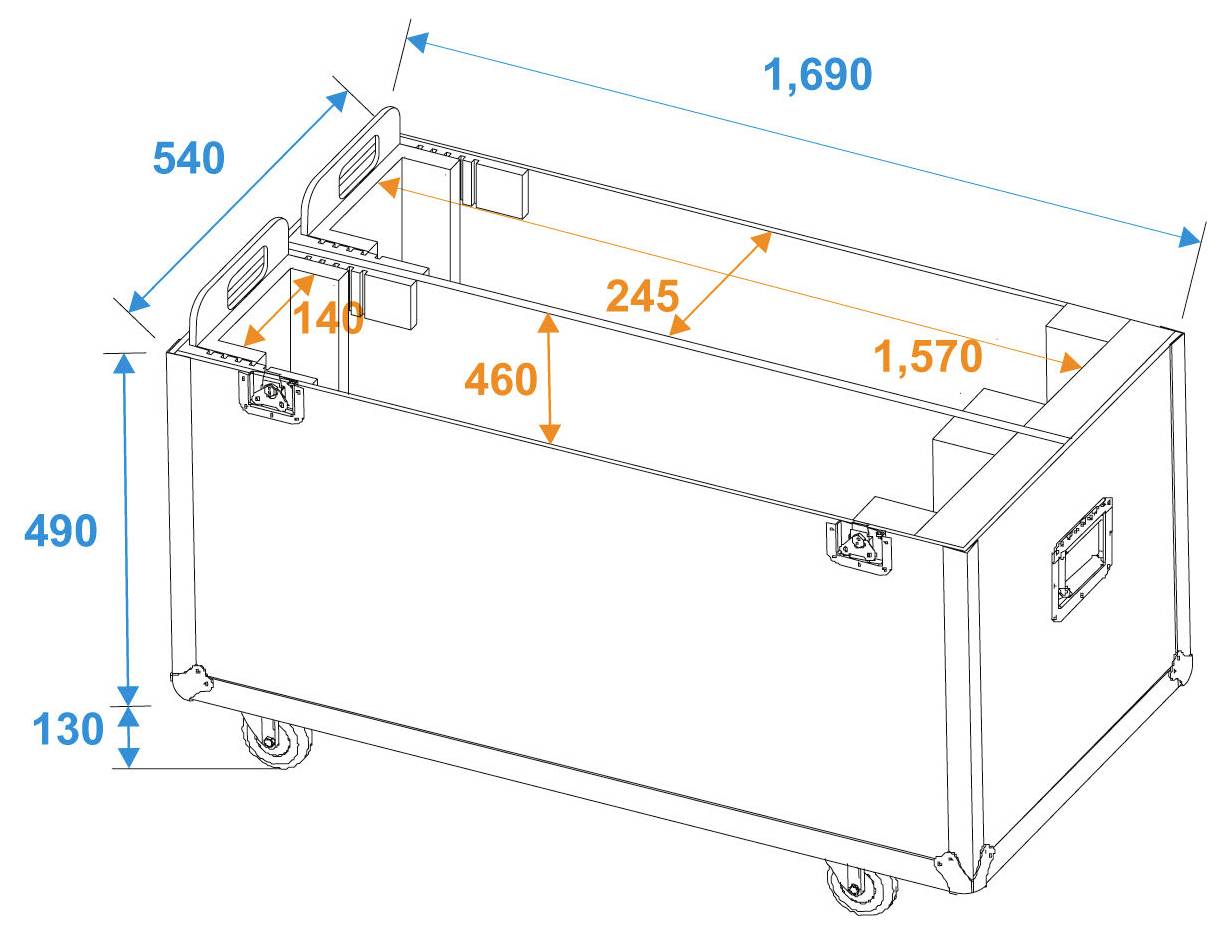 Ein Diagramm eines rechteckigen Lagerbehälters mit Rädern, das interne und externe Abmessungen in Millimetern anzeigt: 1.690, 540, 490, 130, 140, 245, 460 und 1.570.