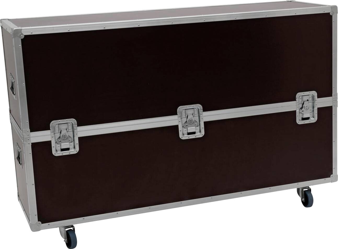 Ein großer, dunkler, rechteckiger Ausrüstungskoffer auf Rollen mit Metallkanten und Verschlüssen für sichere Lagerung und Transport.