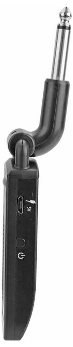 Eine Seitenansicht eines elektronischen Geräts mit einer drehbaren Klinkensteckerbuchse, einem USB-Anschluss und einem Stromschalter, wahrscheinlich zum Verbinden von Audiogeräten verwendet.