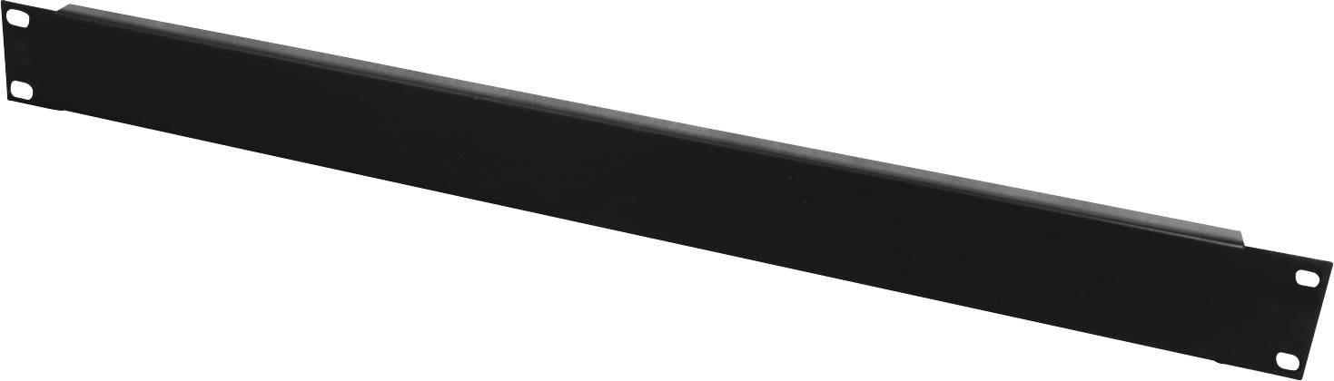 Ein schwarzes Metallrack-Panel mit Befestigungslöchern an jeder Ecke, das zum Abdecken oder Sichern von Öffnungen in Geräteracks verwendet wird.
