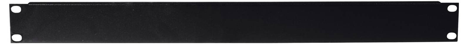 Ein schwarzes, leeres rechteckiges Metallpanel mit vier kreisförmigen Löchern, eines in jeder Ecke, typischerweise als Rack-Montage-Füller verwendet.
