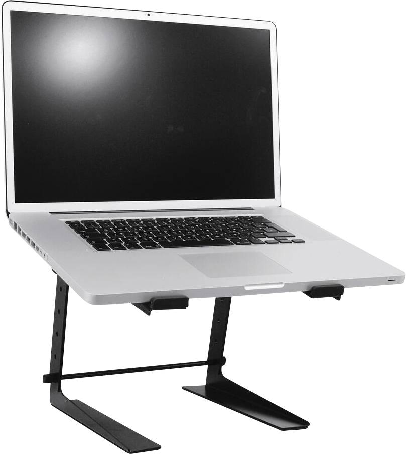 Ein silberner Laptop befindet sich auf einem schwarzen verstellbaren Ständer, der ihn zur ergonomischen Nutzung anhebt. Der Bildschirm ist leer und zeigt keinen Inhalt.