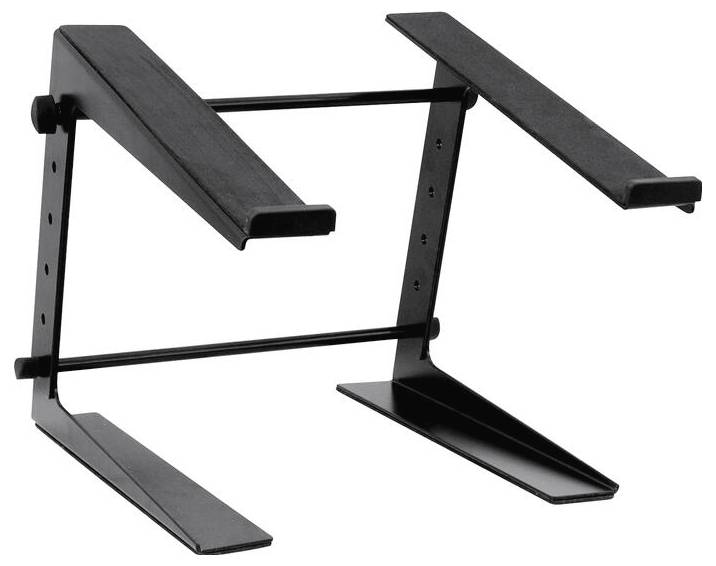 Ein schwarzer verstellbarer Laptop-Ständer mit Doppelrahmen-Design, zeigt zwei horizontale Stützbalken und angewinkelte Basis für Stabilität.