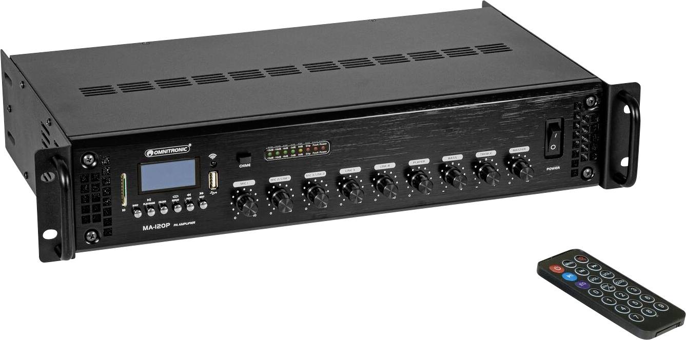 Ein Audioverstärker mit mehreren Reglern und einem digitalen Display. Eine Fernbedienung mit mehrfarbigen Tasten befindet sich daneben.