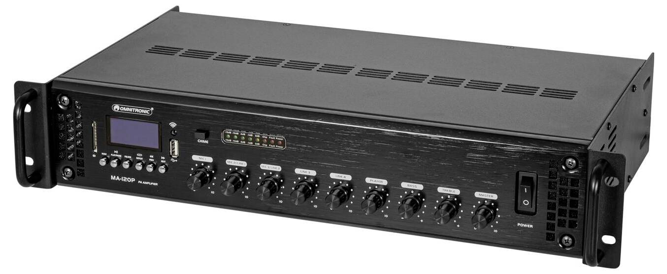 Ein schwarzer Audio-Verstärker mit mehreren Drehreglern und Schaltern auf der Frontplatte, konzipiert für die Soundverwaltung in professionellen Umgebungen.