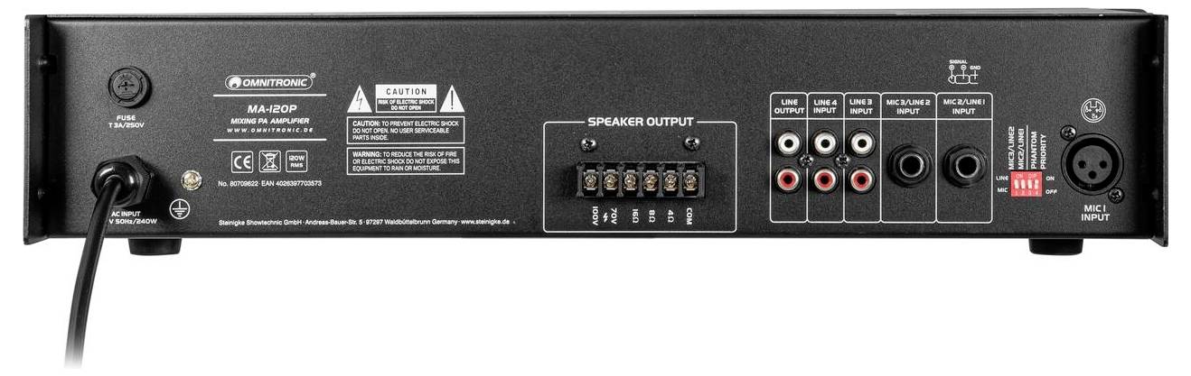 Rückseite eines MA-245P-Verstärkers mit verschiedenen Ein-/Ausgangsanschlüssen, einschließlich Stromversorgung, Lautsprecherausgang, Leitungseingang und Mikrofonanschluss.