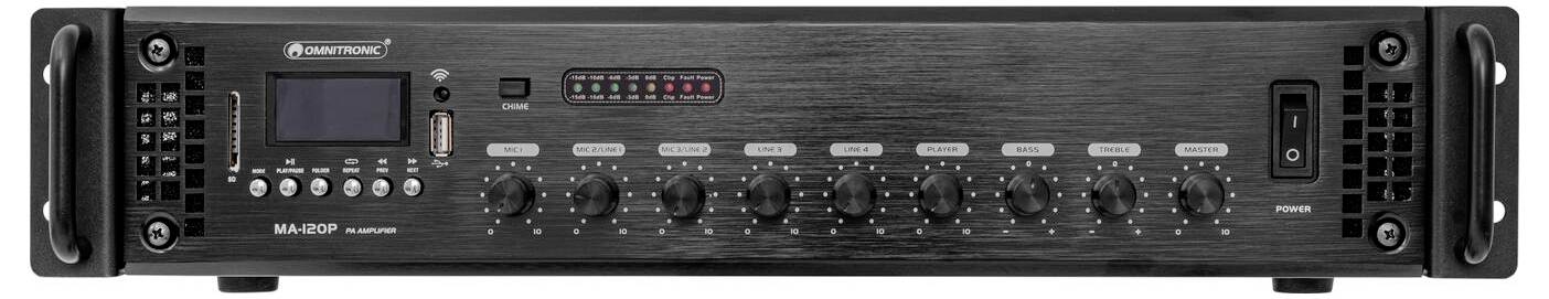 'AudioTrak MA-202F MKII' Audio-Verstärker mit 10 Drehreglern, Display und Netzschalter auf der Frontplatte. Schwarzes Metallgehäuse.