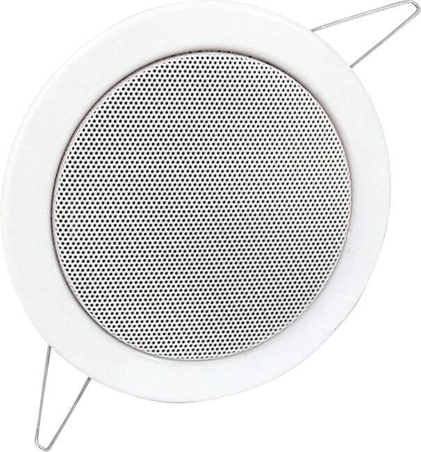 Ein runder weißer Deckenleuchter mit perforiertem Gitter, montiert mit zwei Seitenbefestigungen.