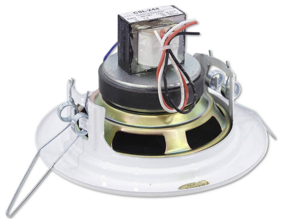 Deckengestützter Lautsprecher mit Metallgitter und freiliegenden Anschlüssen an der Rückseite, mit Befestigungsclips zur Installation.