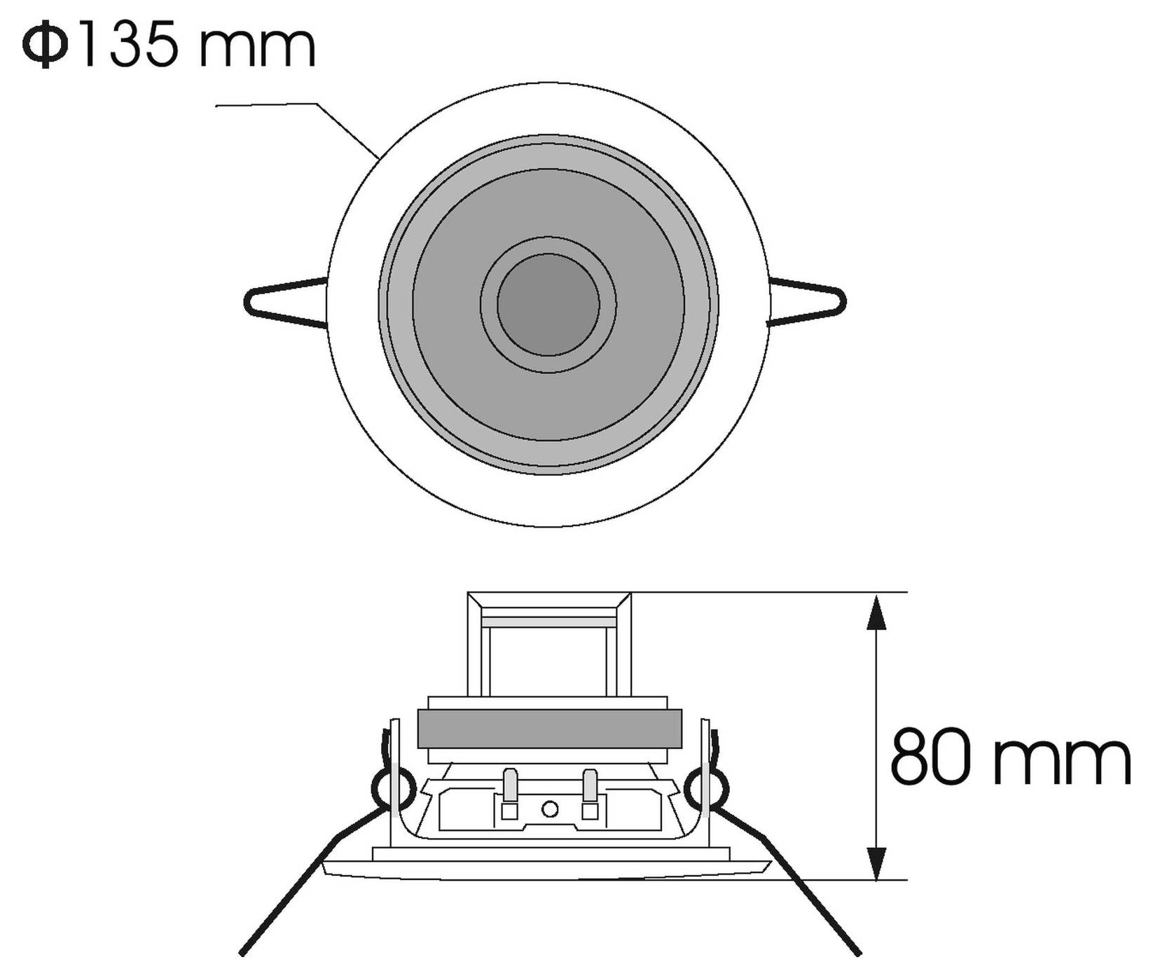 „Diagramm, das einen runden Lautsprecher mit einem Durchmesser von 135 mm zeigt, dargestellt von oben und von der Seite. Die Seitenansicht gibt eine Höhe von 80 mm an.