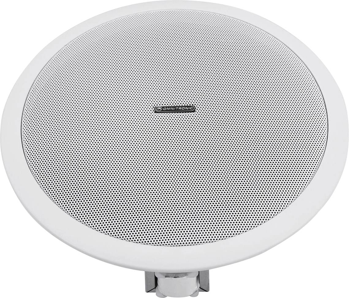 Runder Deckenlautsprecher mit weißem Gitter und zentraler Markenbeschriftung.