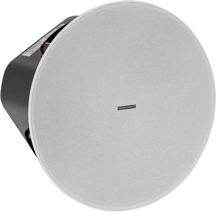 Ein kreisförmiger weißer Deckensprachsprecher mit schwarzer Umrandung, entwickelt für In-Ceiling-Audiosysteme.