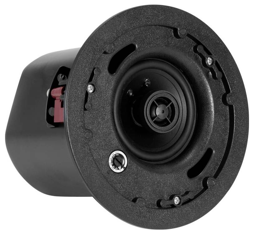 Runde schwarze Deckenleuchte mit sichtbaren Schrauben und einem zentralen Hochtöner, konzipiert für die Unterputz-Installation.