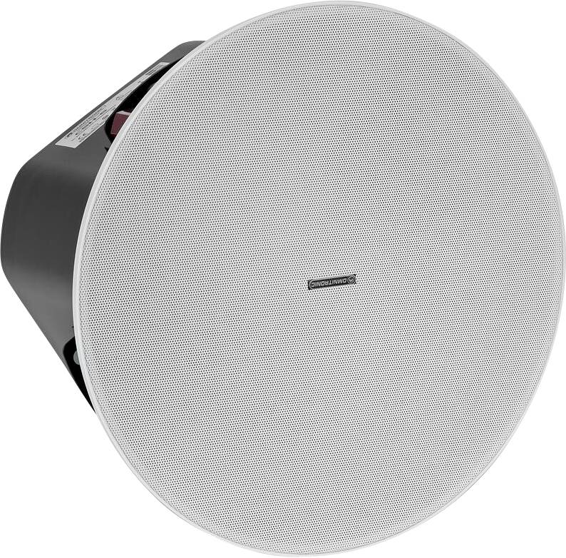 Rund an der Decke montierter Lautsprecher mit weißem Gitter und schwarzem Gehäuse, konzipiert für Audio-Installationen in der Decke.