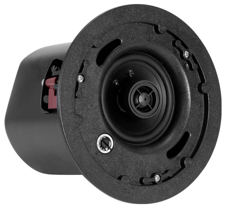 Einbaulautsprecher mit schwarzem Rundgitter, zentralem Hochtöner und integrierten Befestigungsfunktionen, entwickelt für Audioinstallationen.