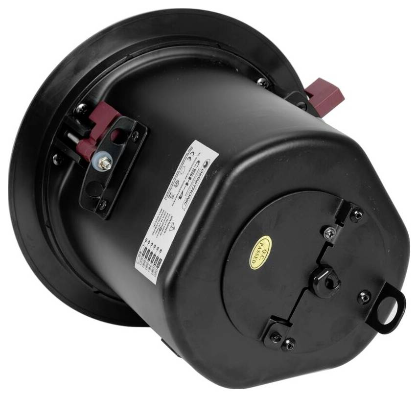 Rückansicht eines weißen elektronischen Geräts, das ein an der Wand zu montierendes Paneel mit Koaxialkabeleingang und Verdrahtung zeigt, gekennzeichnet mit Zertifizierungen.