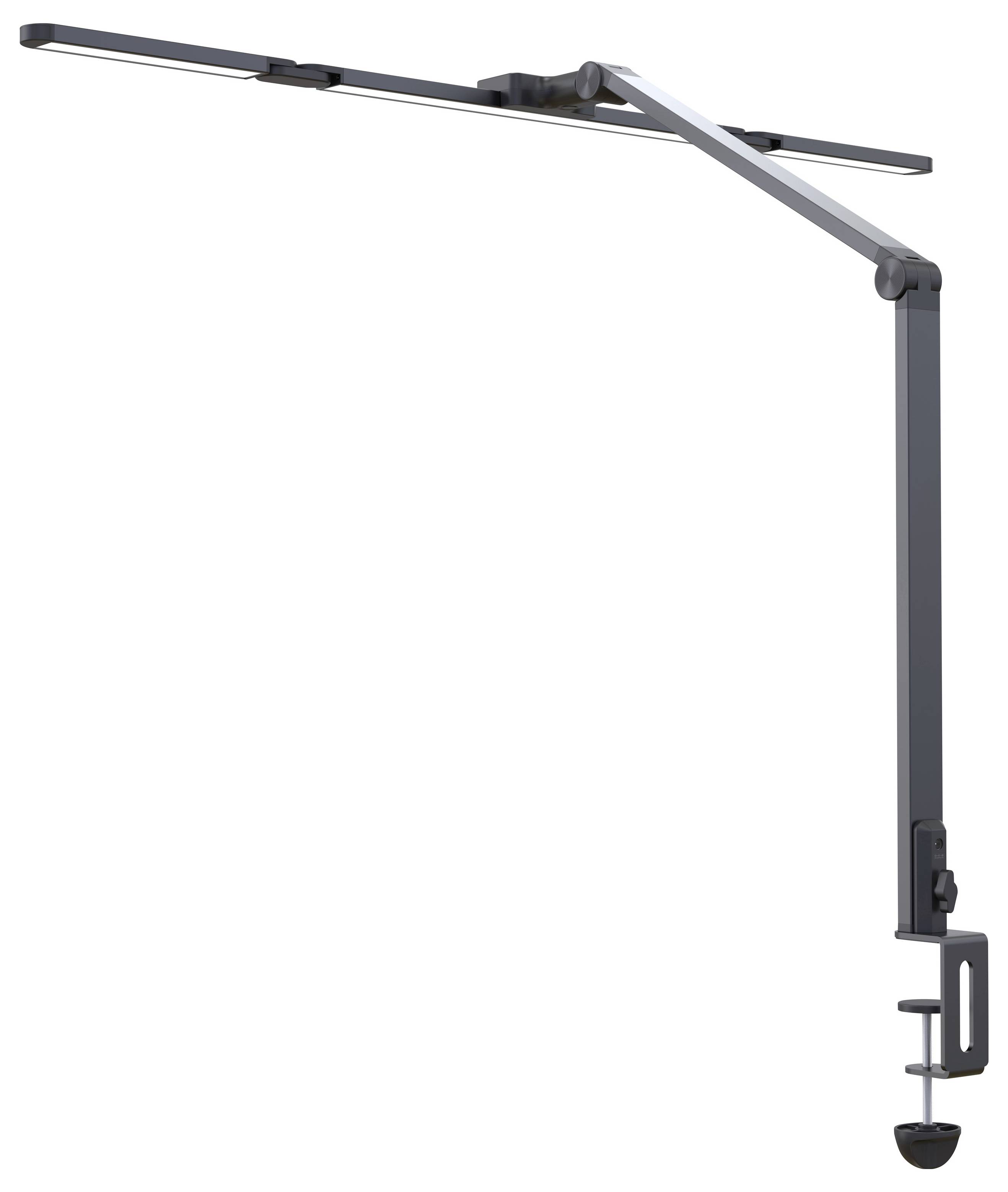 Verstellbare Schreibtischleuchte mit Klemmvorrichtung, langem gelenkigem Arm und horizontaler Leuchtenleiste auf weißem Hintergrund.