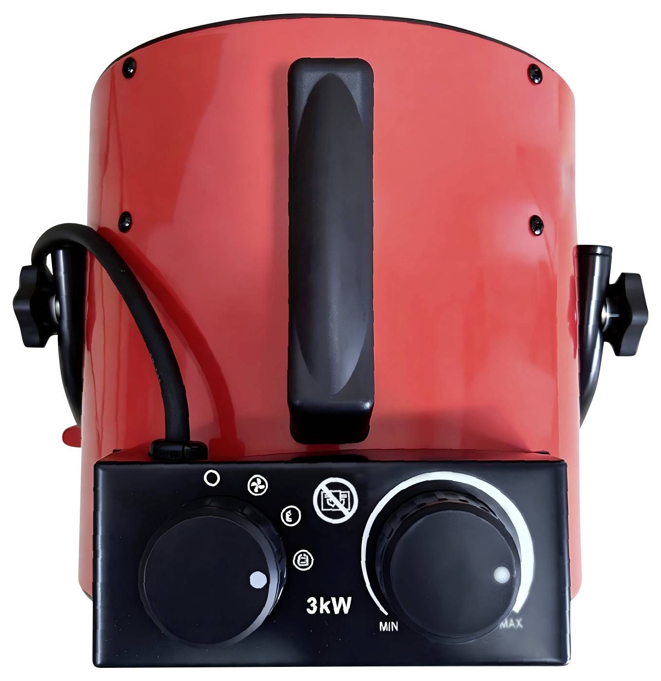 Roter tragbarer elektrischer Heizer mit zwei Bedienungsknöpfen, Stromanzeigesymbolen und der Kennzeichnung „3kW