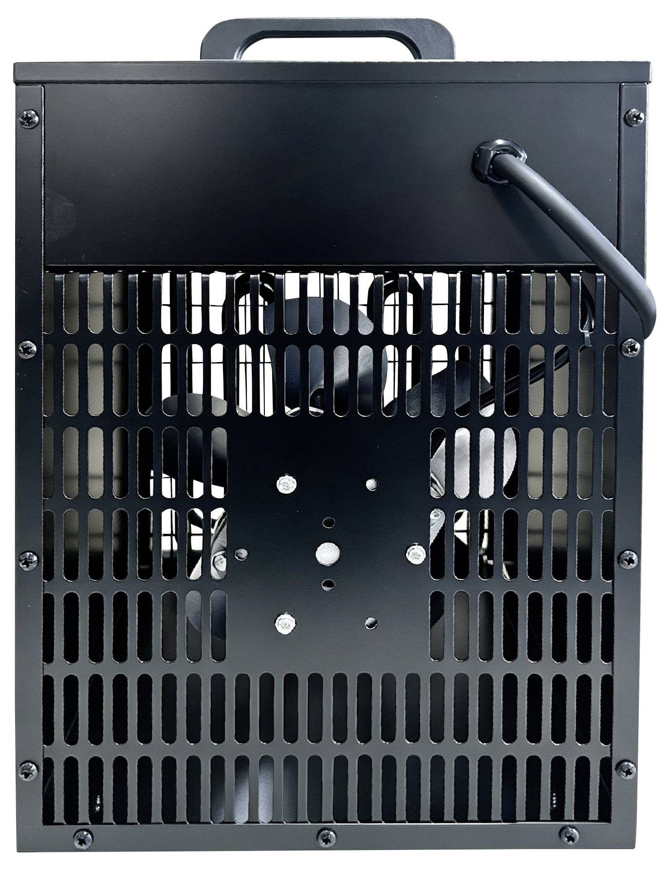 Rückansicht einer schwarzen Metall-Ventilator- oder Heizeinheit mit Tragegriff und Schutzgitter, zeigt interne Lüfterblätter und Stromkabel