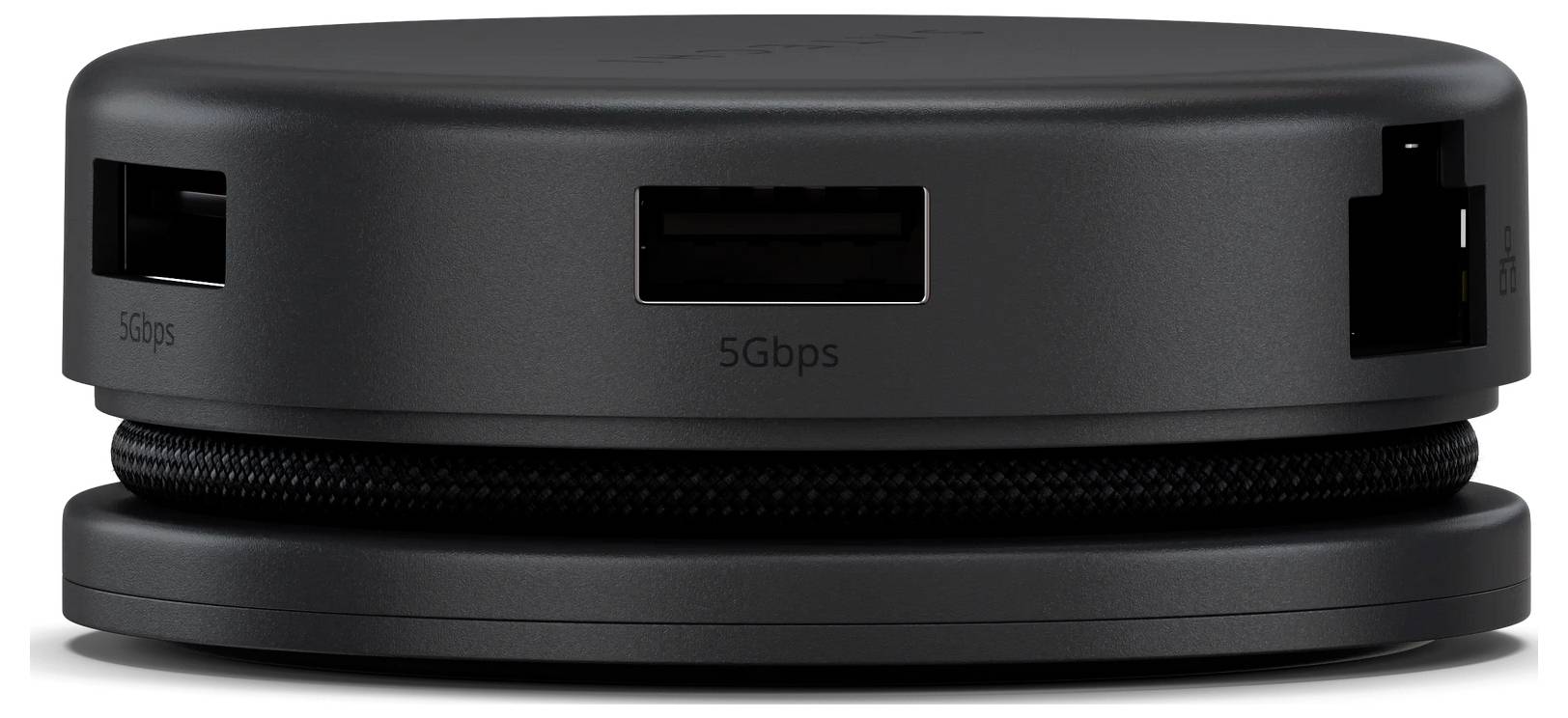 Eine USB-C Docking-Station mit dualem HDMI und Power Delivery neben ihrer Verpackung, einem Kabel und einer Anleitung auf einer hellblauen Oberfläche.