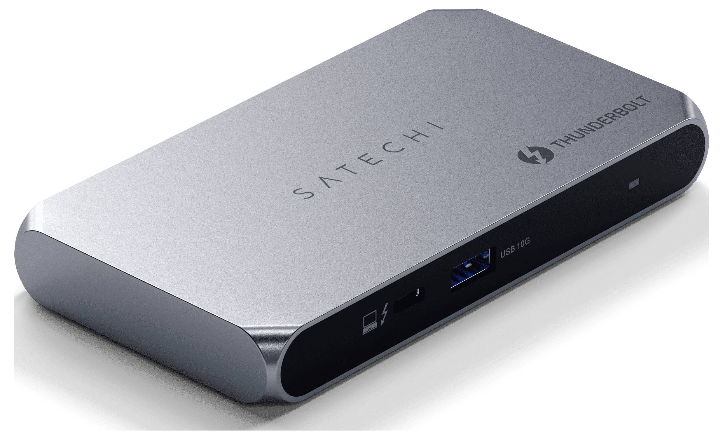Ein eleganter, grauer Satechi Thunderbolt Hub mit mehreren Anschlüssen, einschließlich eines USB 3.0-Ports zum Verbinden verschiedener Geräte.