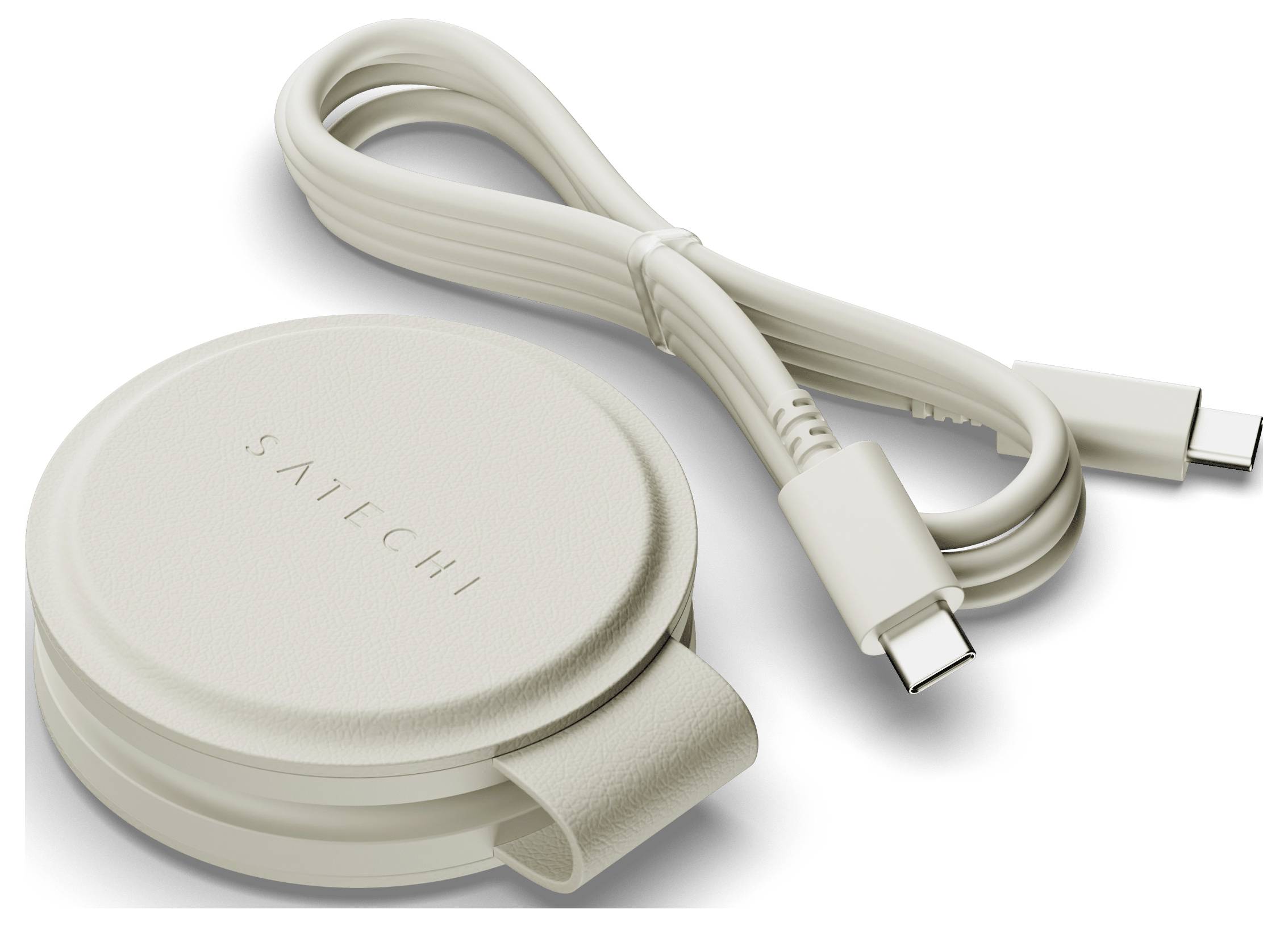 Ein runder kabelloses Ladegerät mit angefügtem USB-C-Kabel, das ein minimalistisches Design aufweist. Der Markenname „Satechi