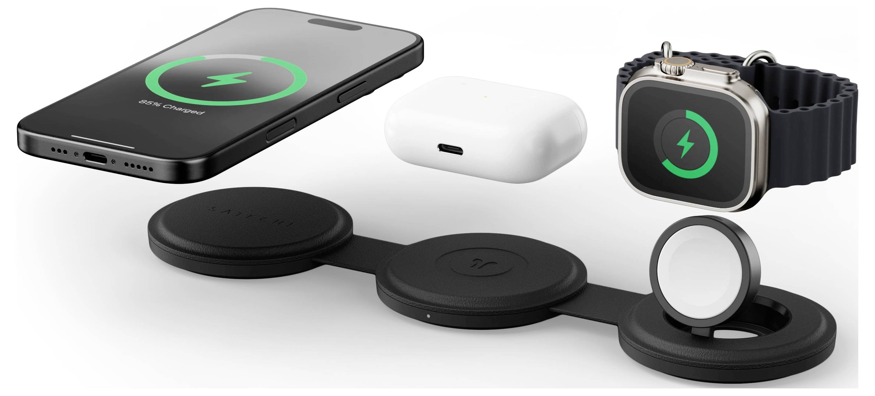 Eine Smartwatch mit weißem rechteckigem Zifferblatt, das römische Ziffern und eine Datumsanzeige zeigt. Sie hat ein goldenes Gehäuse und ein weißes Band mit orangefarbenen Akzenten.
