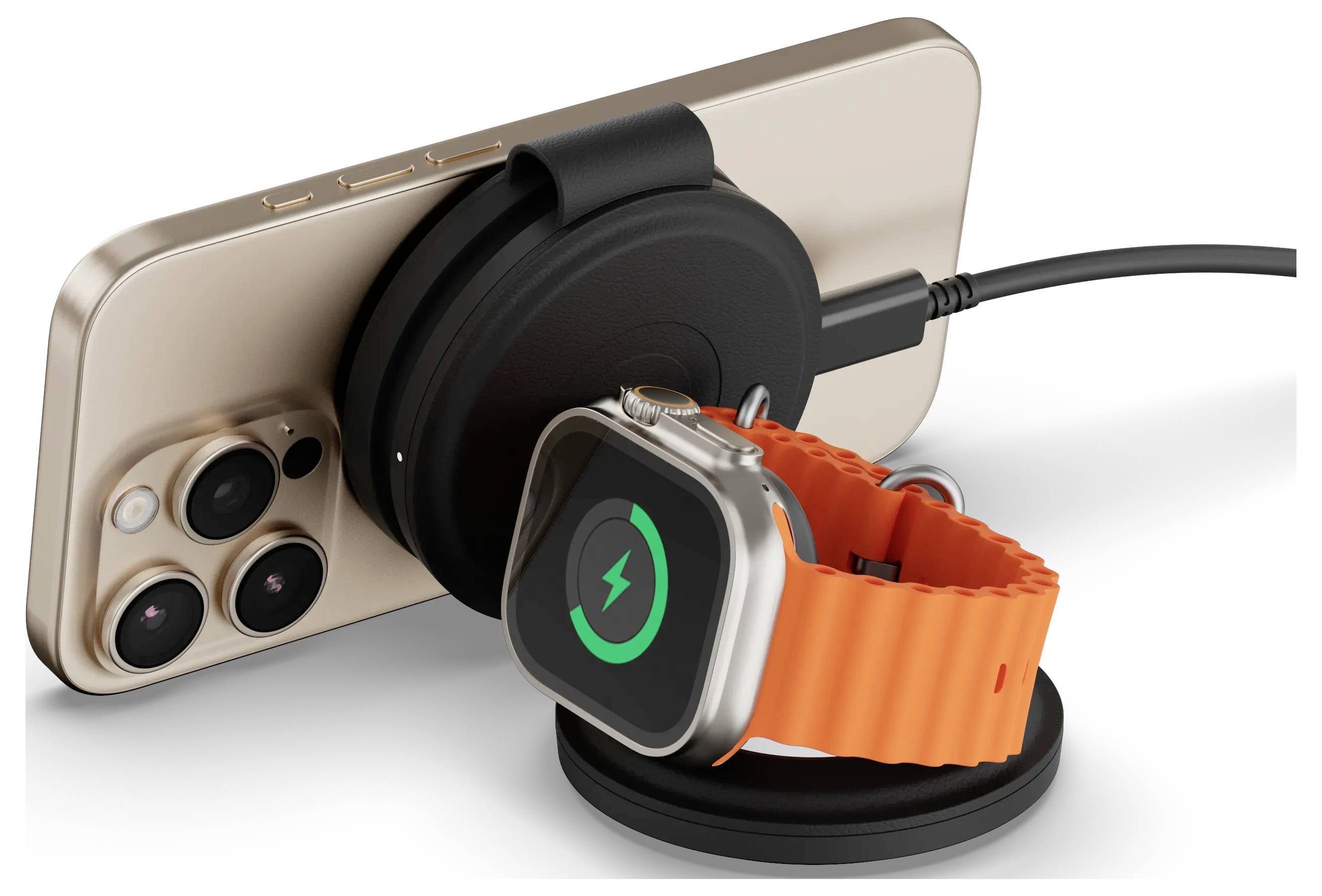 Ein Smartphone und eine Smartwatch mit einem orangefarbenen Armband laden kabellos auf einer Dual-Ladestation auf, wobei Ladeindikatoren angezeigt werden.