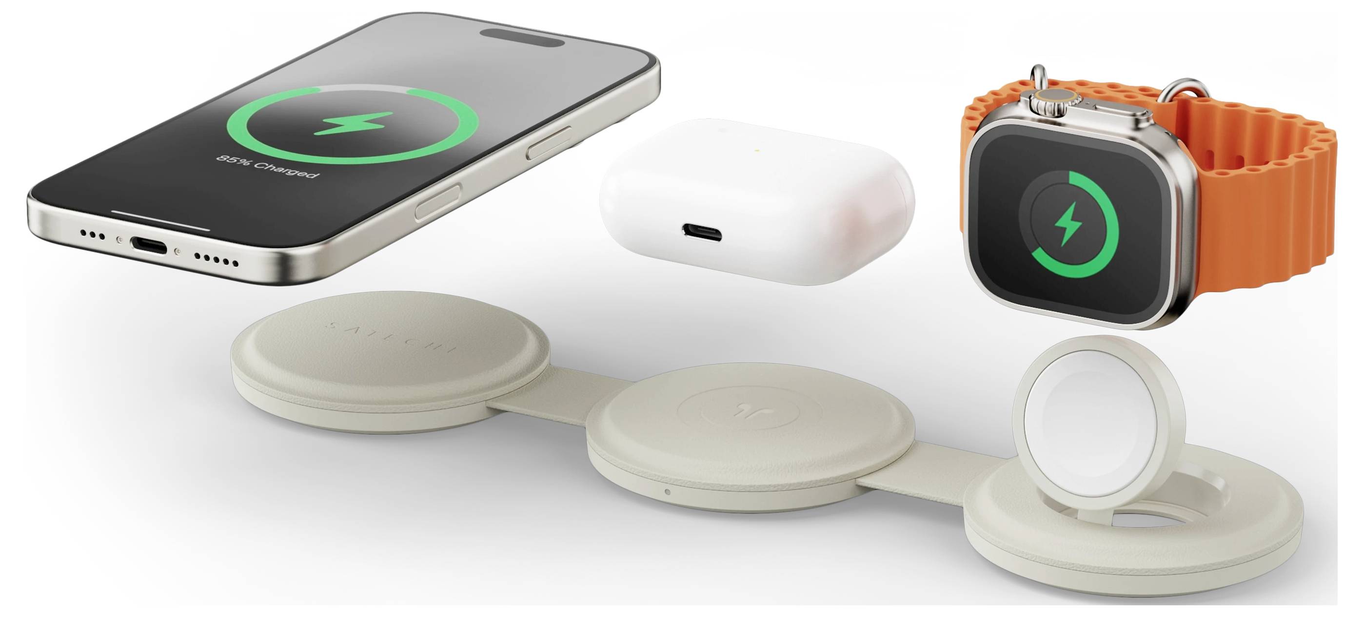 Kabelloses Ladesystem mit Smartphone, Ohrhörern und Smartwatch auf einem orangefarbenen Band, das aktives Laden auf allen Geräten anzeigt.